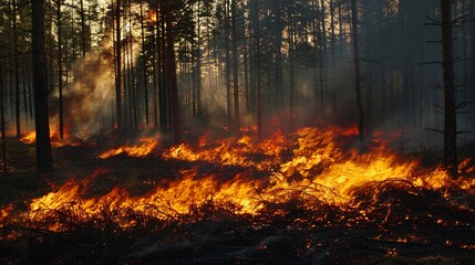 A highly detailed photograph of a firebreak in a forest, illustrating measures taken to reduce the impact of wildfires, ultra-sharp and clear