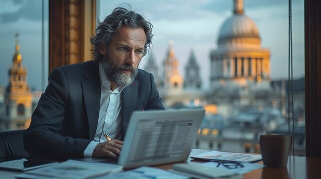 A photographic style of a financial analyst focused on an open spreadsheet on a laptop, spacious modern office, daylight from floor-to-ceiling windows, professional look, financial tools on desk.