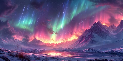 Obraz premium Aurora Borealis Over Snowy Mountains