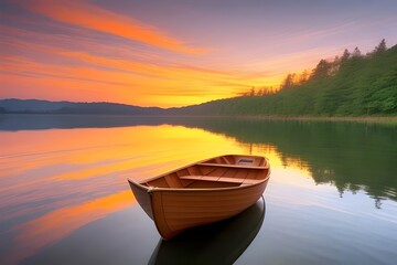 Obraz premium A breathtaking sunset over a serene, crystal-clear lake. The sky is ablaze with vibrant colors, ranging from deep reds and oranges to yellows and purples, the sun dips below the horizon. rowboat