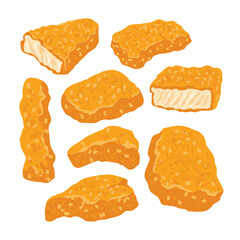 Set of chicken nuggets fast food set cartoon collection, eat meal, delicious restaurant, snack fried, meat unhealthy, appetizer crispy, dinner tasty chicken nuggets fast food, Fast food, snacks, meat.