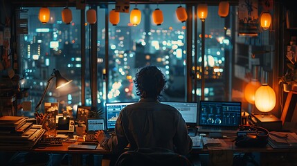 A photographic style of a financial analyst multi-tasking with multiple devices and financial reports, modern office with city view, evening light, intense focus, professional setup, financial charts 