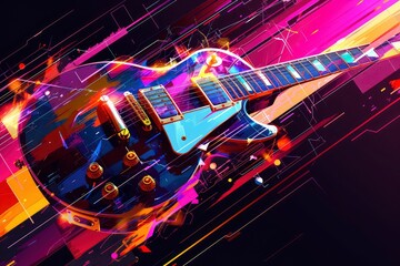 An electric guitar in an abstract vector style, blending geometric shapes and neon colors to create...