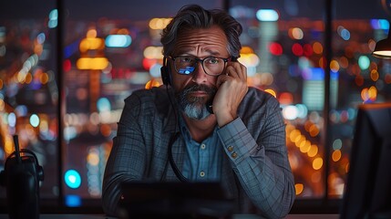 Obraz premium A photographic style of a financial analyst on a phone call, modern office with city view, evening light, intense focus, professional setup, financial charts on the desk.