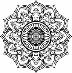 A detailed black and white mandala with floral motifs and intricate patterns