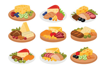 Set of cheese platters collection with vegetables and meat, delicatessen on a round wooden cutting board, Gourmet composition natural cheese. Cheese assortment, dairy healthy food.
