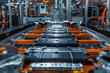 Obraz premium Explore the efficiency of electric vehicle manufacturing with studio isolate shots showcasing the mass production assembly line of battery cells.