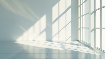Fototapeta premium A calm and peaceful interior scene featuring a white room with a large window and tiled floor