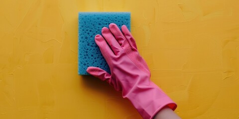 A person wearing pink gloves holds a sponge, ready for cleaning or DIY tasks