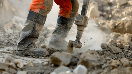 A construction worker using a solarpowered jackhammer to break through concrete reducing noise and emissions on the site.