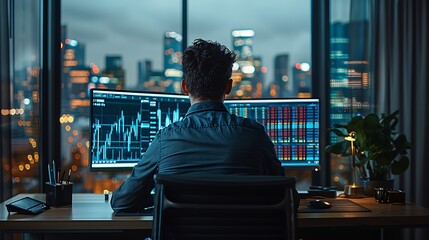 Naklejka premium A photographic style of a financial analyst reviewing charts and graphs on a computer screen, spacious modern office, daylight from floor-to-ceiling windows, professional look, financial tools on desk