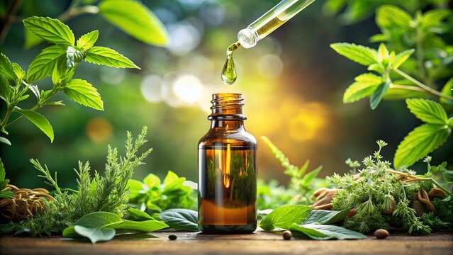 An alternative herbal medicine concept depicting herbal essence being dropped, symbolizing the extraction or use of natural plant extracts for medicinal purposes. This imagery often represents