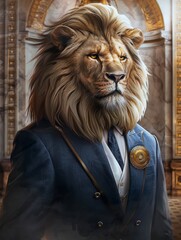A majestic lion with a flowing mane wears a formal suit and stands proudly before a grand gilded archway