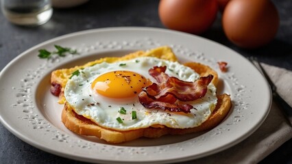 Beautiful photo of a tasty breakfast with fried eggs, bacon, and toasted bread laying on a on white plate on a dark table surface. Delicious food meal advertisement photography illustration.