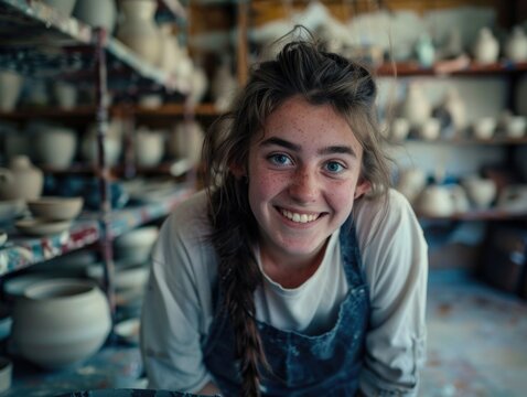 A happy woman surrounded by ceramics and pottery in a cozy shop