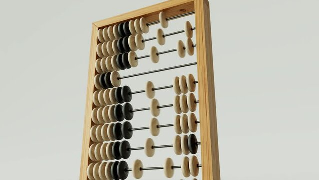 A pan out from a vintage wooden abacus with its beads animating and shifting randomly from one side to the other 