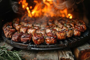 Juicy beef steaks wrapped in bacon sizzling on a grill with an open flame adding a smoky flavor, perfect for barbecue concepts