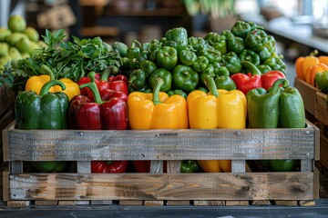 A colorful display of peppers, including red, yellow, green, and orange bell peppers, arranged in a wooden crate.