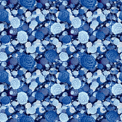 Garden Blue Flowers and Bright Leaves Seamless Pattern. Artistic seamless pattern. Summer design of textile, fabric, wallpaper, background and more.