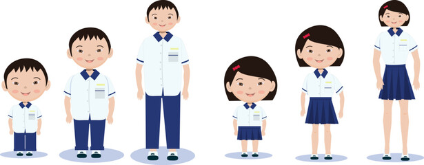 vector set of characters of schoolchildren of different classes in school uniforms Asia