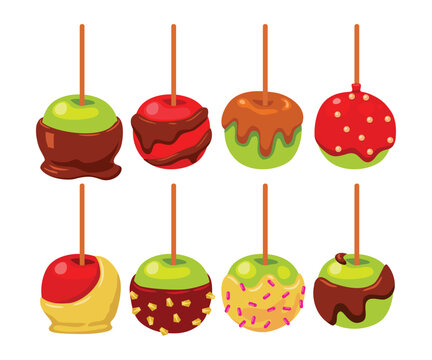 Set of candy apple coated by sweet caramel, white and dark chocolate, flat vector illustration, delicious dipped homemade caramel apples cartoon toffee apple set isolated on white background.
