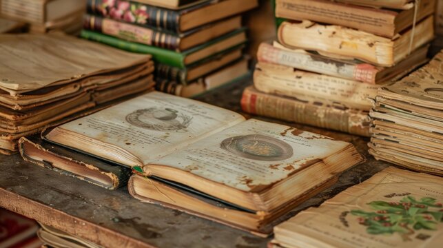 A display of historical cookbooks and recipe books from different Caribbean countries showcasing the evolution of traditional dishes over time.
