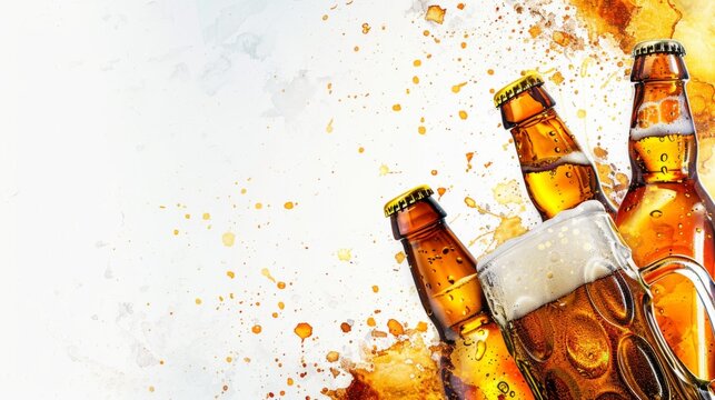 Horizontal banner. International Beer Day. Bottles and a glass of cold light beer on a white background. Free space for text, copy space