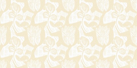 Modern white on cream lace effect wedding border texture. Soft tonal linen openwork block print with subtle hand drawn lattice damask printed fabric banner edge trim. 