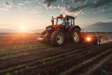 Fototapeta premium Witness the evolution of agriculture in studio isolate shots showcasing a tractor working in fields lit by AI technology lights.