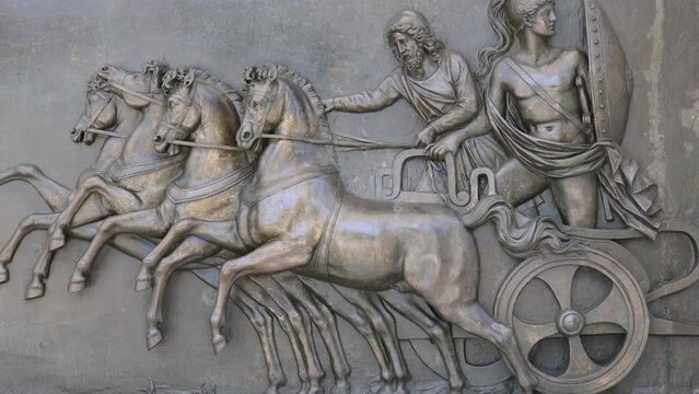 Bas relief on entrance to Achilleion palace built in Gastouri on the Island of Corfu for Empress Elisabeth of Austria - Sisi, Greece, 4k video