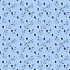 Garden Blue Flowers and Bright Leaves Seamless Pattern. Artistic seamless pattern. Summer design of textile, fabric, wallpaper, background and more.