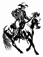 A black and white illustration of a skeletal cowboy riding a horse. The cowboy is wearing a hat and a jacket, and he is riding with a determined look on his face