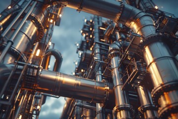 Witness the precision of oil and gas processing in studio isolate shots showcasing industrial pipelines at a refinery, integral for the efficient production of energy resources.