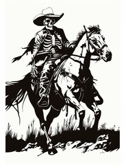 A black and white illustration of a skeletal cowboy riding a horse through a grassy landscape