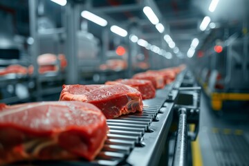 Witness the synergy of technology and labor on the production line of a meat factory in studio isolate shots.