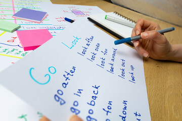 Learning and education concept. A teacher in an English lesson shows a student words, pointing with a marker at the grammatical rules.	
