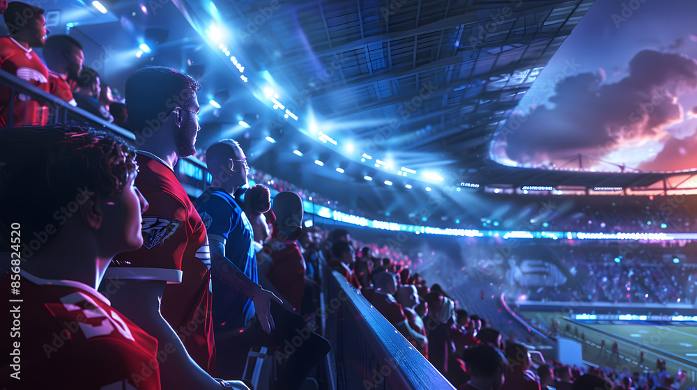 Poster Stadium spectator stand,Fans in the stands chanting for the game