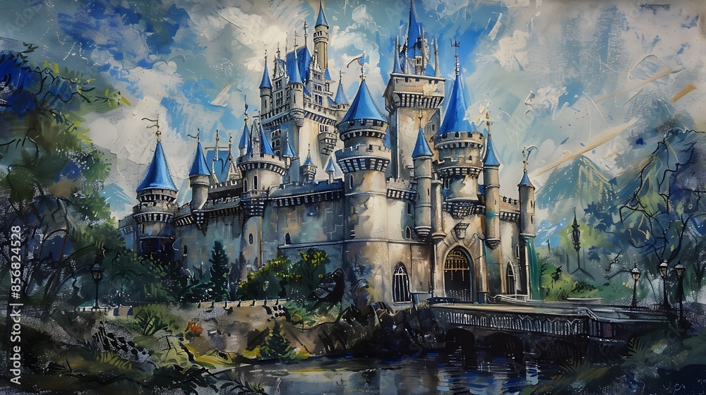 Wall mural Crayon drawing of a magical fairy tale castle with turrets and drawbridge on a sheet of paper, displayed on a stand, igniting imagination and wonder. - Wall murals