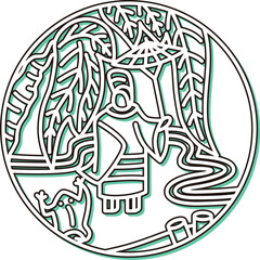 カラーシャドウの円形シンプル花札　霜月　栃　11月　小野道風　栃に小野道風