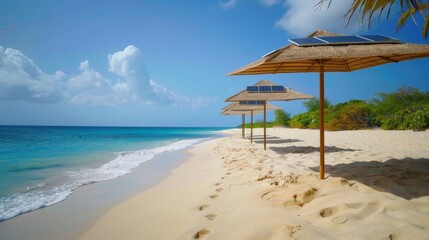 Fototapeta premium A panoramic shot of a beautiful beach punctuated by a row of solarpowered umbrellas providing both shade and charging capabilities.