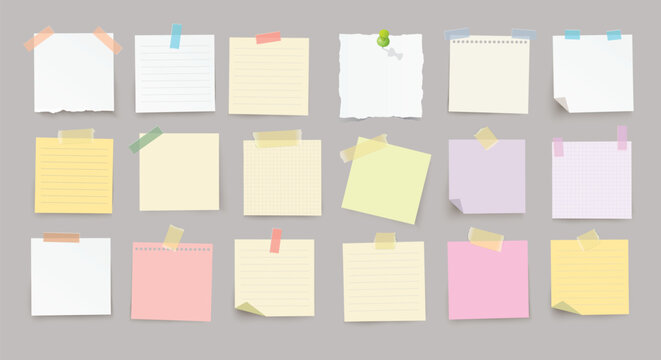 Large set of vector realistic note papers with pin and adhesive tape with diffrent colors on transparent background.