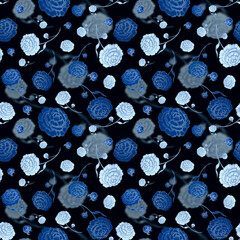 Garden Blue Flowers and Bright Leaves Seamless Pattern. Artistic seamless pattern. Summer design of textile, fabric, wallpaper, background and more.