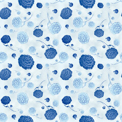 Garden Blue Flowers and Bright Leaves Seamless Pattern. Artistic seamless pattern. Summer design of textile, fabric, wallpaper, background and more.