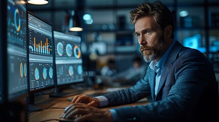 A photographic style of a financial analyst using advanced financial analysis software on a desktop computer, modern office setting, focused expression, multiple data charts on the screen, bright dayl