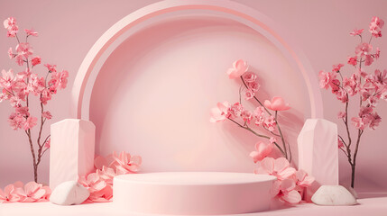 A modern podium with blooming cherry blossom background,3d rendering of minimal product display podium with cherry blossom background,Elegant pink paper flowers and stage column in 3d illustration
