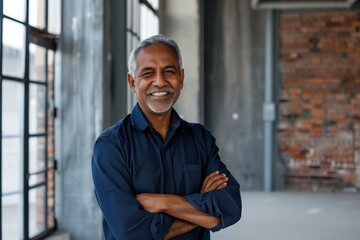 Portrait of a joyful indian man in his 60s with arms crossed on empty modern loft background