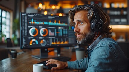 A photographic style of a financial analyst wearing headphones, concentrating on financial analysis work on a computer, minimalist modern office, natural light from large windows, analytical expressio