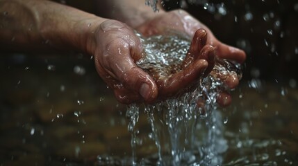 Fototapeta premium A person holds their hands up in a flowing stream, with water rippling around them