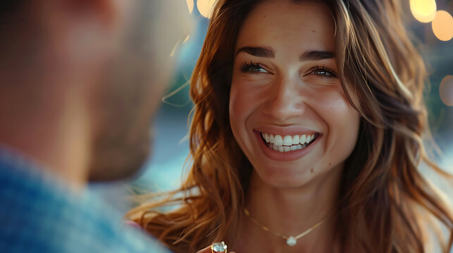 Very beautiful woman with an engagement ring on, man on one knee proposing, woman is very happy, woman is smiling, real photo, 3d render. Generative AI illustration 
