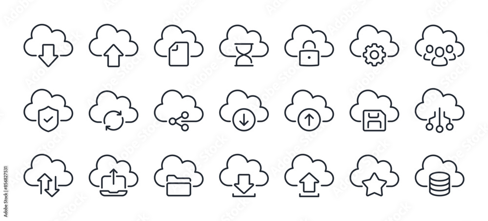 Wall mural cloud computing and storage editable stroke outline icons set isolated on white background flat vect